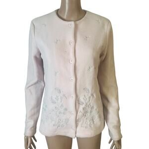 Basic Edition Fleece Cardigan Sweater Jacket Small Embroidered Pink Silver